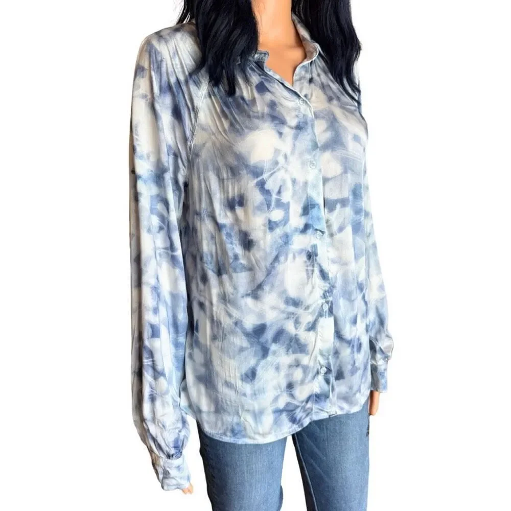 NWT Bella Dahl Blue Indigo Petal Print Button Down Shirt Small Ecovera Viscose